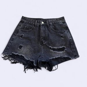 Black Ripped Jean Shorts High-Waisted Frayed
